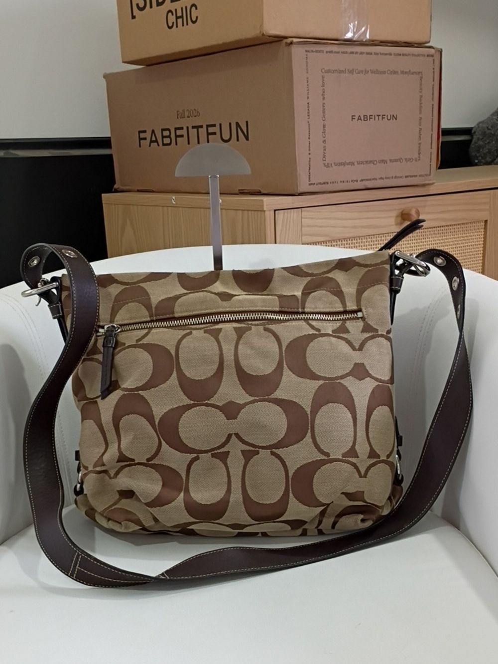 Coach Signature Canvas Shoulder Bag in Tan With Brown Leather Trim